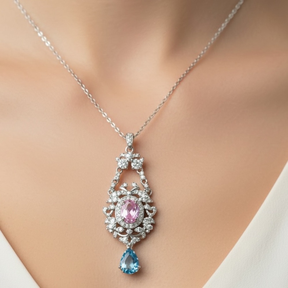 Sterling Silver Pink Blue Cubic Zircon Exquisite Trendy Pendant Necklace
